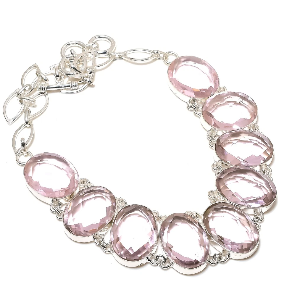 Faceted Pink Kunzite Gemstone Handmade 925 Solid Silver Jewelry Necklace For Her - Image 1 of 4