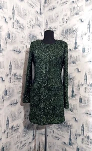 ANTIK BATIK Womens Dress Sz L Green Sequined Long Sleeve Mini Dress 2 Snap Front - Picture 1 of 12