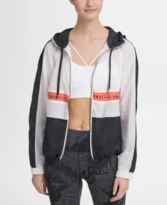 DKNY Womens Jacket Wind Breaker Color Blocked Logo Hooded Red White Size S Or M - Picture 1 of 1