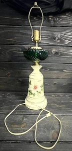 Antique Depression Era Emerald Green Glass And Ceramic Lamp w Painted Magnolia - Picture 1 of 18