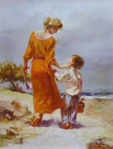 Pino Daeni "Breezy Day at the Beach" mother & child on Canvas HAND SIGNED - Picture 1 of 5