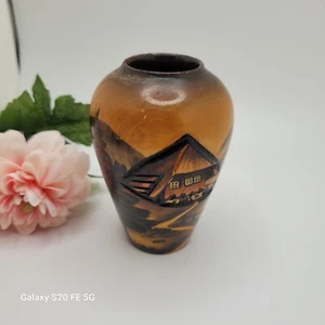 Vintage 1970s Handarbeit German Black Forest Hand Carved Painted Wood Vase 4 In - Bild 1 von 10