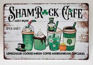 St Patricks Day Shamrock Cafe Tin Metal Hanging Funny Holiday Sign Wall Art - Picture 1 of 2