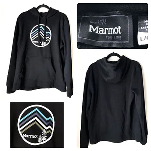 Marmot Men Black Hoodie L Chevron Mountain Trees Hiking Outdoor - Picture 1 of 8