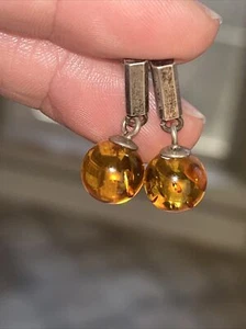 Sterling Silver Ancient Golden Honey Amber Stunning Hanging Pierced Earrings - Picture 1 of 6