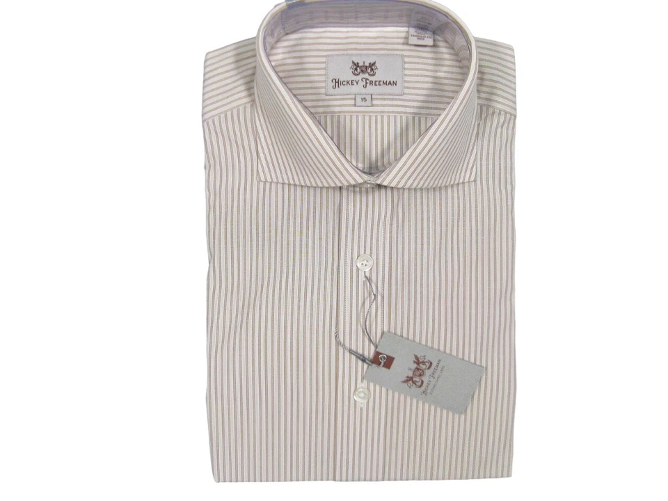 ¡NUEVA CAMISA DE VESTIR $145 Hickey Freeman! 15 34 rayas blancas tostadas y topo extendidas Foto 1 de 1