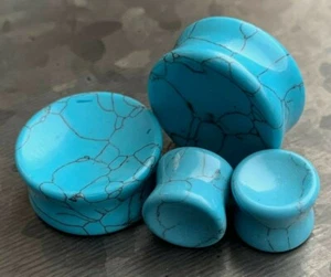 PAIR Concave Turquoise Stone Double Flare Plugs Organic Gauges - Picture 1 of 5