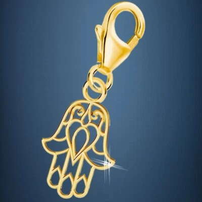 Hamsa Hand Karabiner Charm 925 Sterling Silber Gold Vergoldet für Bettel-Armband - Bild 1 von 3