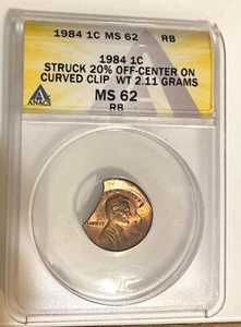1984 Lincoln Cent Struck 20% Off Center on Curved Clip Planchet ANACS MS62 RB - Picture 1 of 4