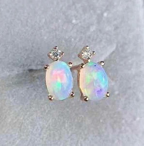 3.00Ct Oval Cut Natural Fire Opal Solitaire Stud Earrings 14k Rose Gold Plated - Picture 1 of 6