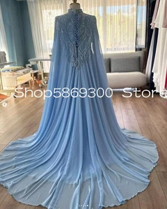 Sky Blue Morocco Caftan Evening Formal Dresses with Cape Muslim Luxury Prom Gown - Picture 1 of 9