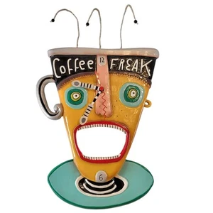 Rare Allen Designs Coffee Freak Wall Clock Studio Art Funky Mug Face 13x9" Works - Picture 1 of 19