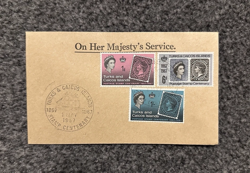 TURKS AND CAICOS ISLANDS 1967 STAMP CENTENARY FDC ON HER MAJESTY SERVICE - Image 1 of 2