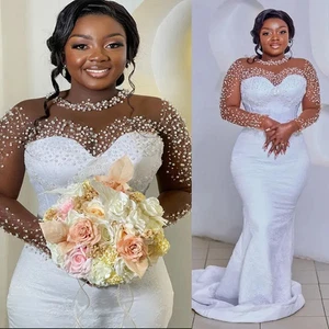 African Wedding Dress Mermaid Wedding Gown Long Sleeves Beaded Lace Pearls Gown - Picture 1 of 12