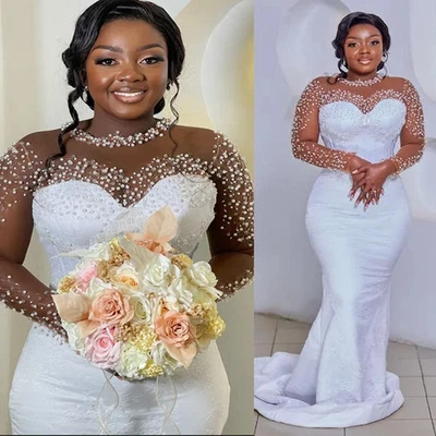 African Wedding Dress Mermaid Wedding Gown Long Sleeves Beaded Lace Pearls Gown - Image 1 of 4