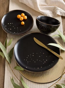 Waterside 12 Piece Dinner Set Service for 4 Ebony Black & Gold - Picture 1 of 6