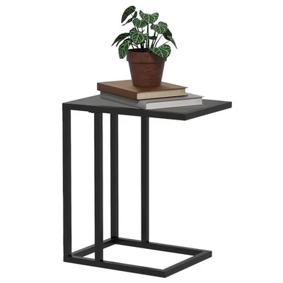 HOMCOM C Shape Side Table w/ Marble-Effect Top and Metal Frame, Black - Image 1 of 4