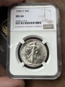 NGC MS-66 WWII 🇺🇸 1945-S Walking Liberty SILVER Half Dollar MS BU Gem+ Unc - Picture 1 of 5