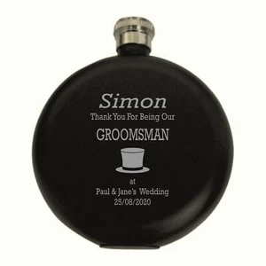 Personalised  Groomsman Top Hat 5oz Round Matt Black Hip Flaskpaper box HF602 - Picture 1 of 1