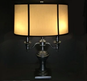 Handsome Bouillote lamp. Dark espresso base.  Light cream shade W/ metal overlay - Picture 1 of 6