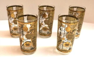 Cera 22K Gold Vintage Mid Century Modern World Maps Highball Glasses Excellent! - Picture 1 of 6