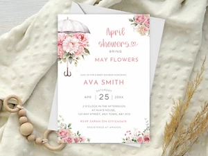 April showers bring May flowers Baby Shower Invitations -PINK Umbrella Invites - Picture 1 of 2