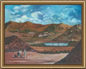 ARTE NAIF BORGO DI MONTAGNA DONNE GALLINE oliotavola ENRICO COPETTA COEN BRESCIA - Imagen 1 de 2
