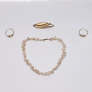 Napier Faux Stick Pearl And Gold Tone Set Necklace + Hoop Earrings + Brooch Pin - Picture 1 of 5