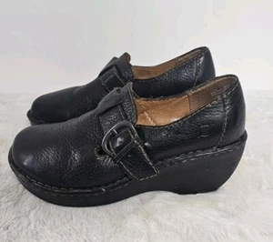 Born Black Leather Buckle Wedge Heel Mary Jane Clogs Boho Comfort Size 9 - Picture 1 of 15