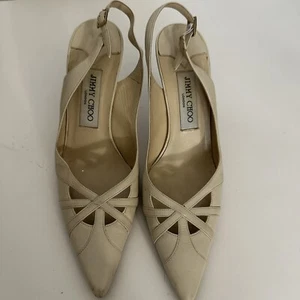 Jimmy Choo US Größe 8 elfenbeinfarbene spitz zulaufende Leder-Slingback-Pumps mit Absatz restauriert - Bild 1 von 19