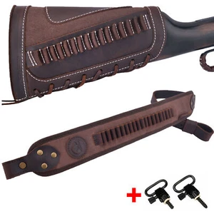 Leather Rifle Buttstock Gun Shell Holder & Matched Rifle Sling For .22 LR .17HMR - Picture 1 of 24