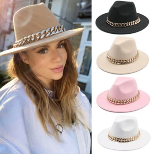 Women's Ladies Wide Brim Fedora Hats with Gold Chain Felt Panama Hat Jazz Caps - Picture 1 of 18