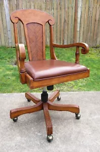 Vintage TOMMY BAHAMA SWIVEL OFFICE ARM CHAIR Leather Seat ADJUSTABLE Solid Wood - Picture 1 of 10