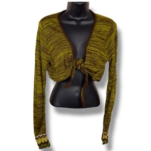 XL Studio Y Shrug Cropped Long Sleeve Womens Green Brown Striped Tie Closure - Picture 1 of 14