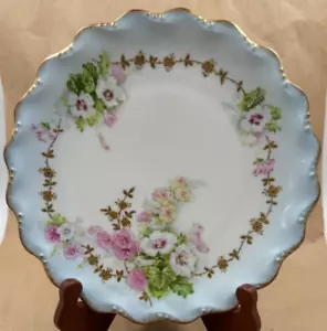 Antiker Kopfbedeckung Limoges Frankreich Teller blau mit rosa Blumen & goldenem Borte 9,5 Zoll - Bild 1 von 5