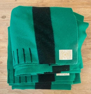 Vintage Hudson’s Bay 6 Point Blanket Emerald Green (set of 2) 92”x96” England - Picture 1 of 6