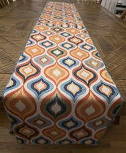 Colorful 72" x 12" Handmade Cloth Table Runner Red Gold Blue Beige - Very NICE - Picture 1 of 11