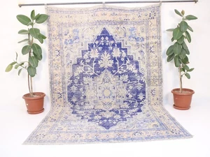 Alfombra vintage de gran tamaño azul envejecido beige medallón lana 6,5 x 9,8 pies - Imagen 1 de 10