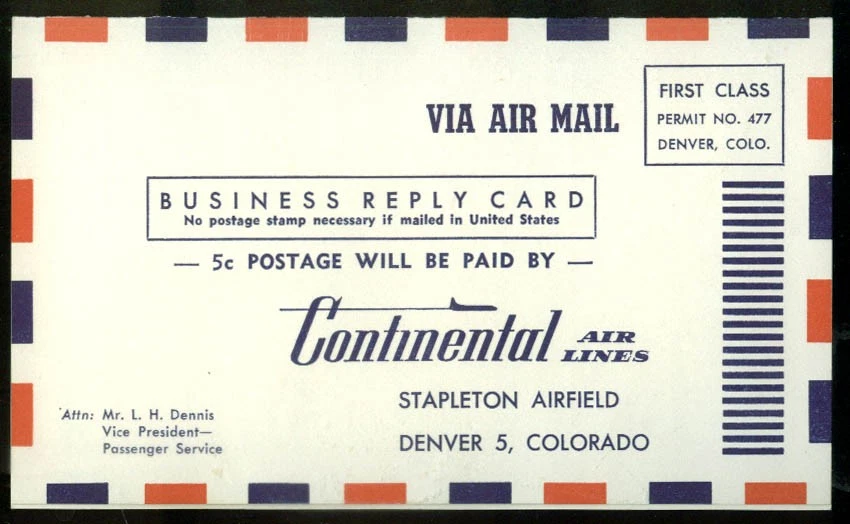 Continental Airlines airline comments & suggestions mailer 1950s - Image 1 of 1