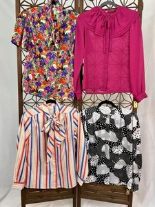 Vintage Women's Blouse Lot Of 4 Button Down Pussy Bow Blouses, 1980s Shirts M-L - Picture 1 of 6