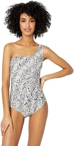 TRAJE DE BAÑO CALVIN KLEIN NEGRO BLANCO ESTAMPADO SERPIENTE UN HOMBRO SIN MANGAS TALLA 10 NUEVO CON ETIQUETAS CKA02 - Imagen 1 de 7