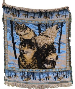 Vintage Leuchtfeuer Gobelin Decke Überwurf Wolf Wölfe Pack heulende Bäume Fransen - Bild 1 von 10