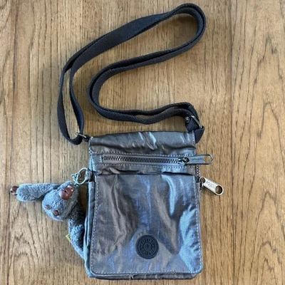VTG Kipling Yelena II Crossbody Travel Gray Fur Gorilla Thumb Sucking Silver - Image 1 of 4