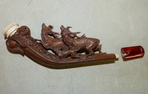 Buchsbaum Holzpfeife, Jagdmotiv, geschnitzt, Meerschaum, Historismus - Picture 1 of 9