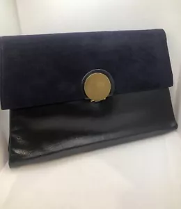 SELTENE VINTAGE CLUTCH TASCHE BLAU SAMT & SCHWARZES LEDER AUSGEFALLENER VERSCHLUSS SIEHE FOTOS - Bild 1 von 12