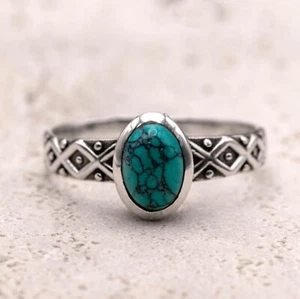 925 Sterling Silver Ladies Turquoise Oval Gemstone Patterned Band Ring Jewellery - Picture 1 of 6