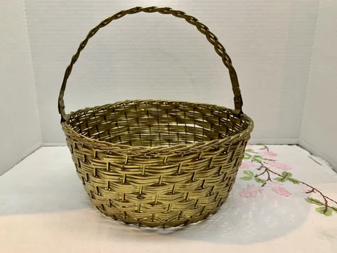 Vintage Basket Solid Brass Woven Wire Planter Container Braided Hinged Handle Cover