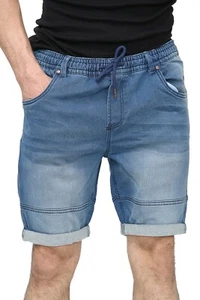 New Men's Denim Elastic waist Drawstring Knee Length Summer Turn Roll Up Shorts - Picture 1 of 13