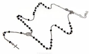 COLLANA ARGENTO 925 UOMO ROSARIO CRISTALLO NERO 3.5 mm CROCE MADONNA MIRACOLOSA - Foto 1 di 5