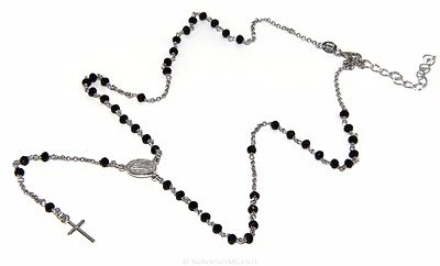COLLANA ARGENTO 925 UOMO ROSARIO CRISTALLO NERO 3.5 mm CROCE MADONNA MIRACOLOSA - Immagine 1 di 4